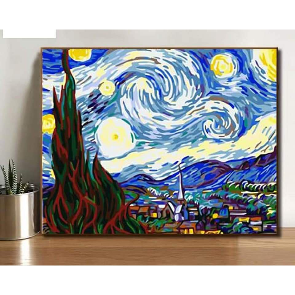 Tranh sơn dầu số hóa rẻ,đẹp-tranh tô màu theo số- tranh phong cảnh đẹp, Tặng khăn,có khung 40x50-Moon shop-H5