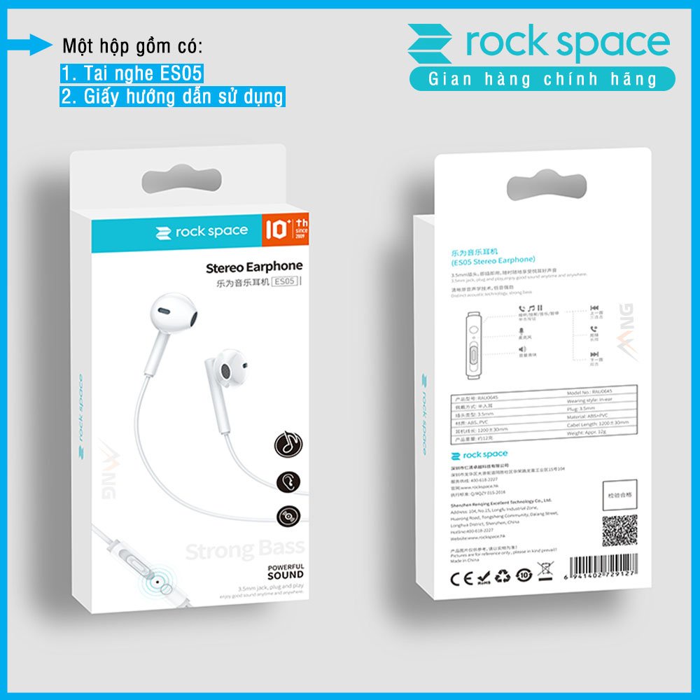 Tai nghe nhét tai có dây Rockspace ES05 cho iphone, samsung, Huawei, Vsmart, có mic, jack cắm 3.5 - Hàng chính hãng