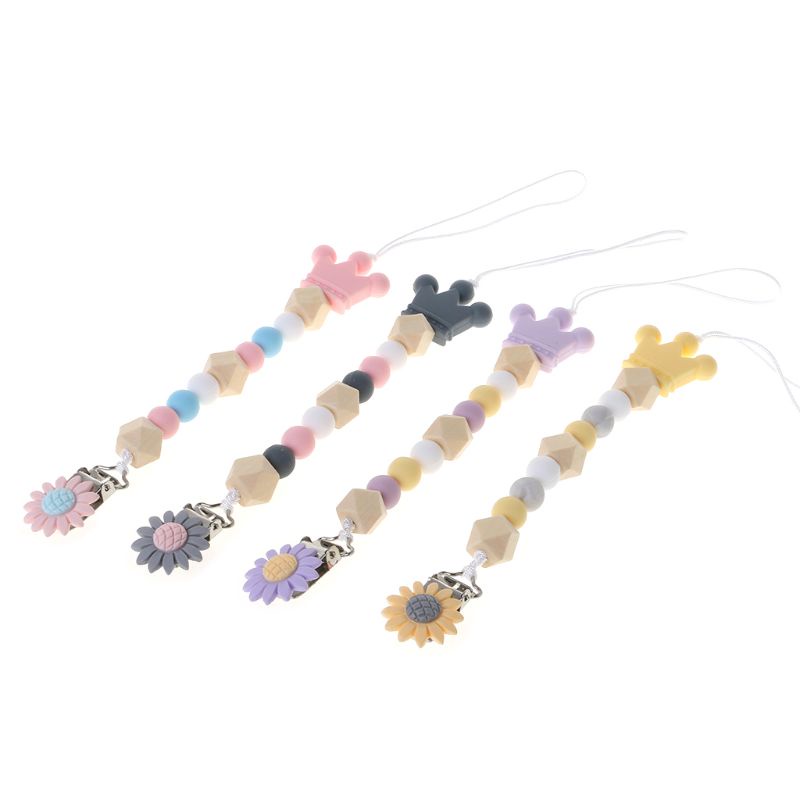 Dây Đeo Núm Ti Giả Bằng Silicon Cấp Thực Phẩm Gắn Hạt Gỗ / Hạt Gỗ / Hoa / Vương Miện Hoạt Hình Dễ Thương Cho Bé Sơ Sinh