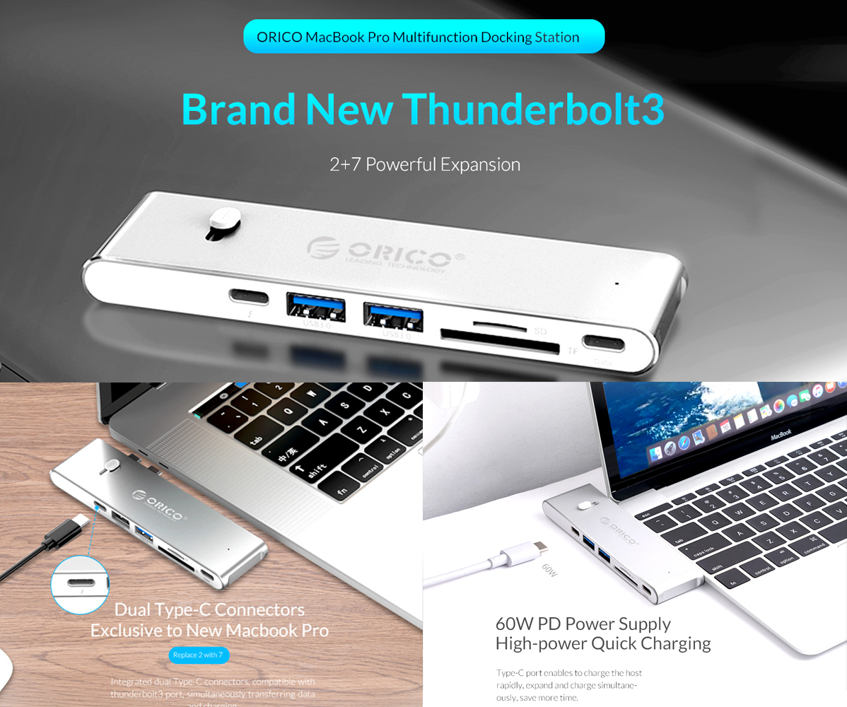 Thiết Bị Kết Nối Đa Cổng Orico XC-309 Chuyển Đổi USB C Sang USB 3.0 Hdmi TF/SD 60w Pd Thunderbolt 3 Cho Macbook Pro Air