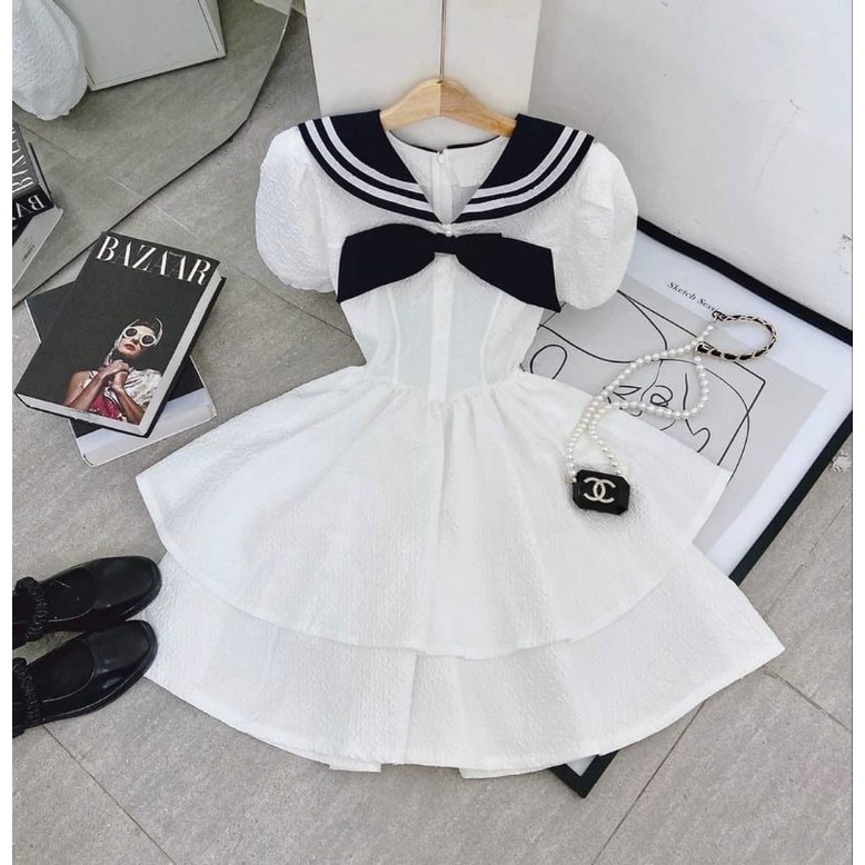 ĐẦM TRẮNG VIỀN XANH CỔ PHỐI NƠ