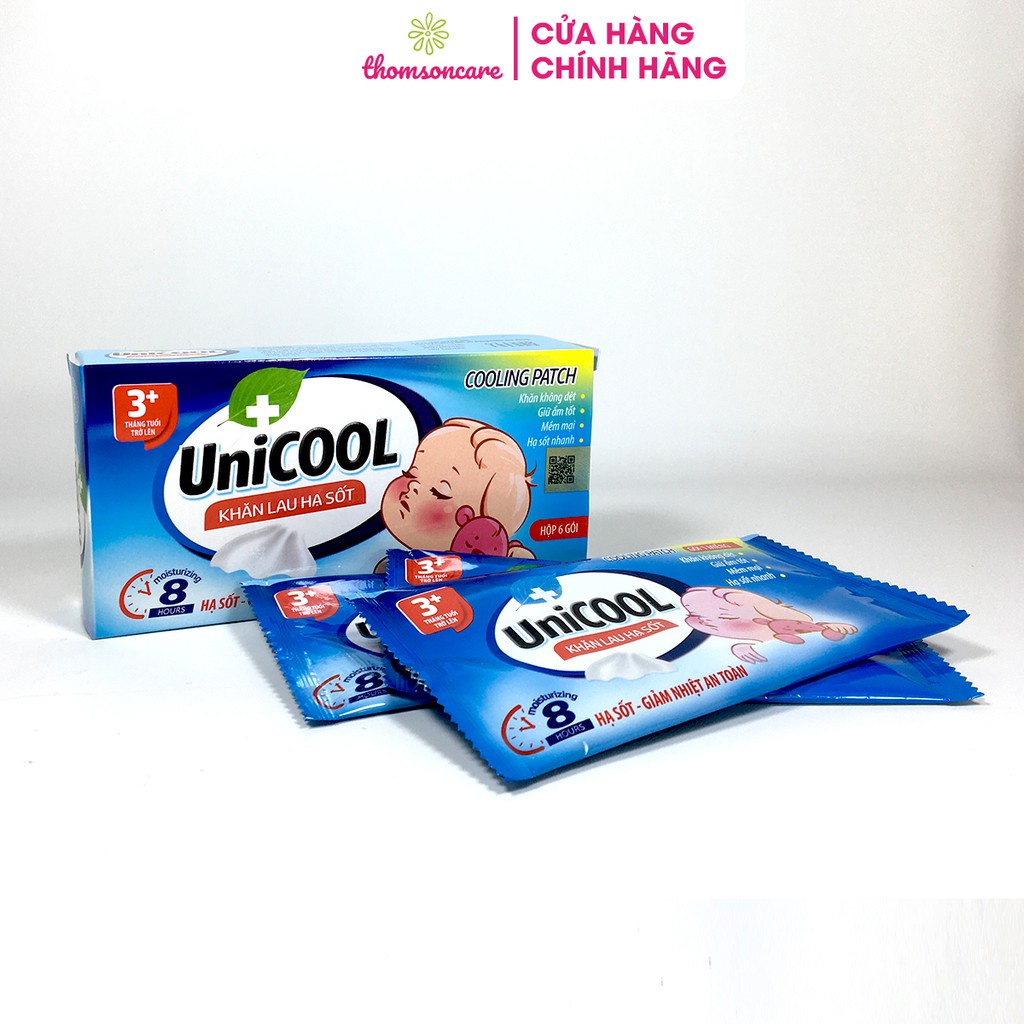 Khăn lau hạ sốt Unicool hộp 6 gói làm mát da bị côn trùng cắn, rôm sẩy , làm sạch vùng hăm tã nặng, hạ sốt nhanh cho trẻ