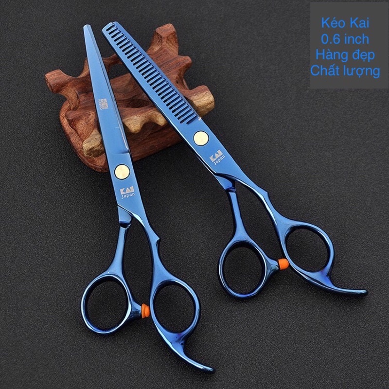 Bộ 2 kéo  (1 cắt + 1 tỉa) KAI xanh - Cắt tóc gia đình đẹp sắc bén Mua 1 bộ tặng ví da và phụ kiện