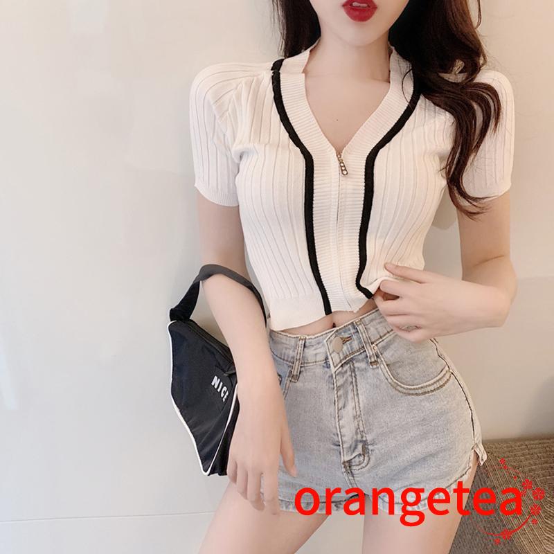 Áo Thun Dệt Kim Tay Ngắn Cổ Chữ V Phối Khóa Kéo Thời Trang Mùa Hè Cho Nữ