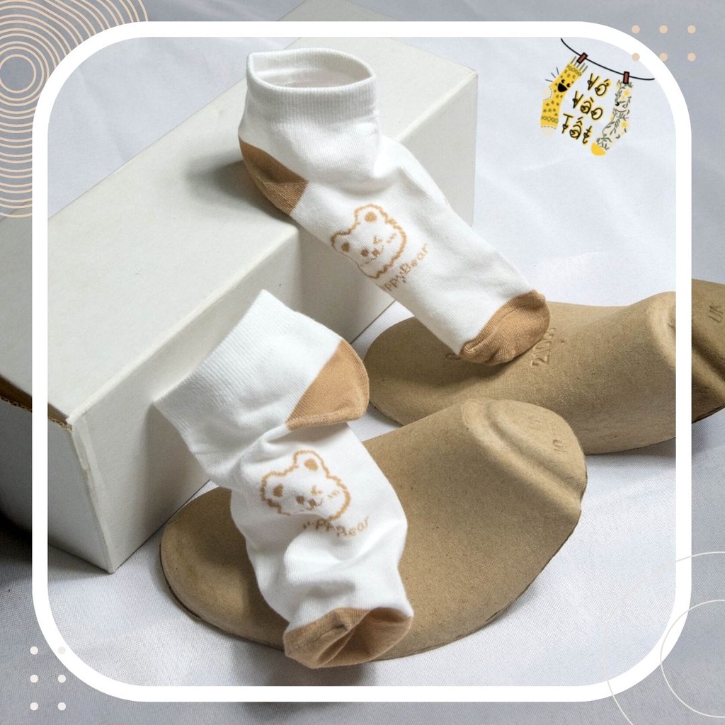 TẤT VỚ NỮ CỔ NGẮN TRẮNG HỌA TIẾT NÂU CÀ PHÊ