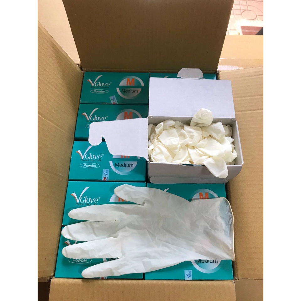 Găng tay Latex có bột Vglove, hộp 50 đôi =100 cái, được các nhà thuốc, phòng khám, Spa...tin dùng