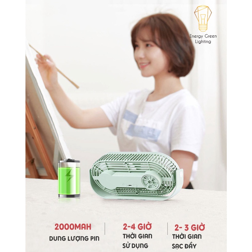 Quạt Tích Điện Energy Green Lighting Couple Fan AQ20W Siêu Nhẹ - Pin Khỏe - Khuếch Tán Tinh Dầu- 3 Chế Độ Mát