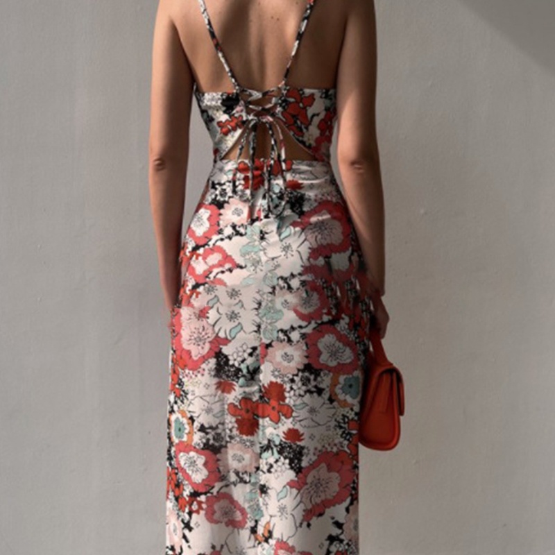 Đầm Midi Hai Dây Cổ Chữ V Hở Lưng Họa Tiết Hoa Xẻ Tà Gợi Cảm Cho Nữ