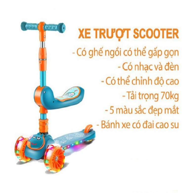 [Free Ship] Xe trượt scooter gấp gọn đa năng có nhạc, có ghế nhún, có đèn phát sáng cho bé từ 2 đến 8 tuổi