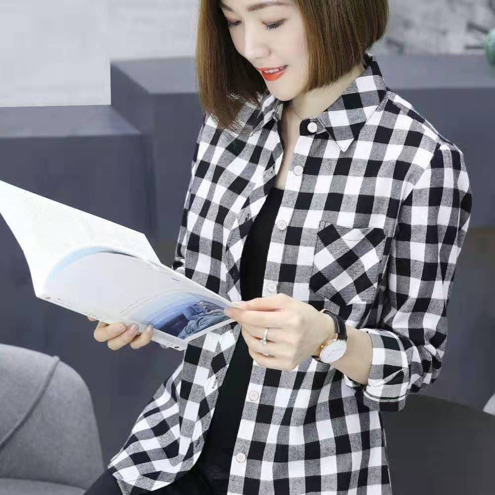 Kiểm tra lò xo dài tay của phụ nữ và áo sơ mi mùa hè phiên bản Hàn Quốc của áo sơ mi cổ rộng phong cách Hồng Kông cổ điể