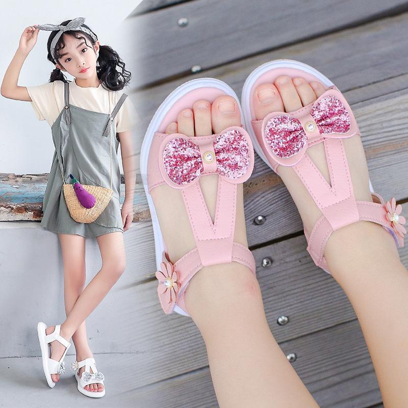 Dép sandal bé gái công chúa cao cấp quai ngang gắn nơ nhũ cho trẻ em đi học 3-13 tuổi [SDG05]