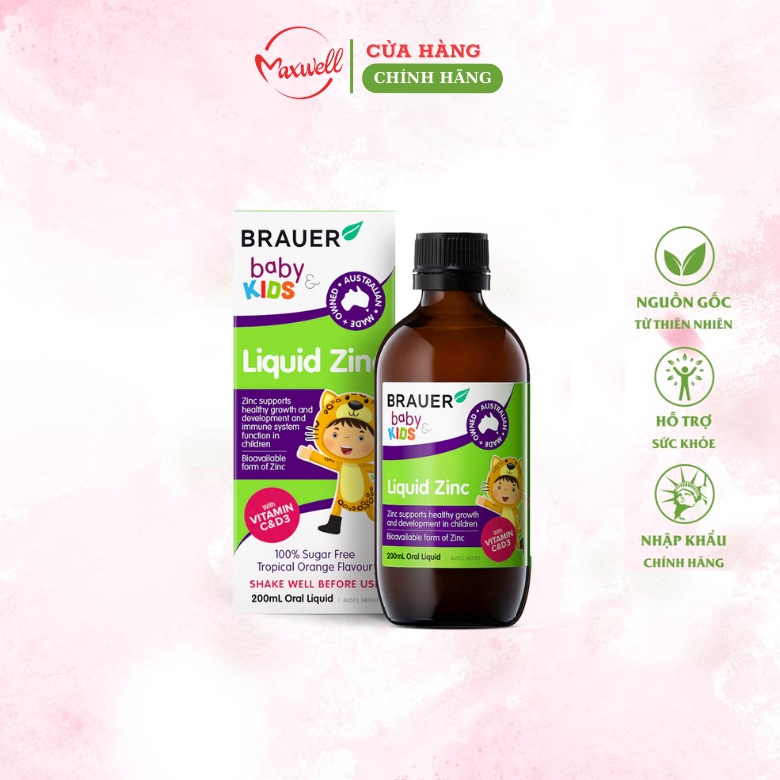 Siro bổ sung Kẽm, Vitamin C và D Brauer Úc Baby &amp; Kids Liquid Zinc cho bé trên 1 tuổi (200ml)