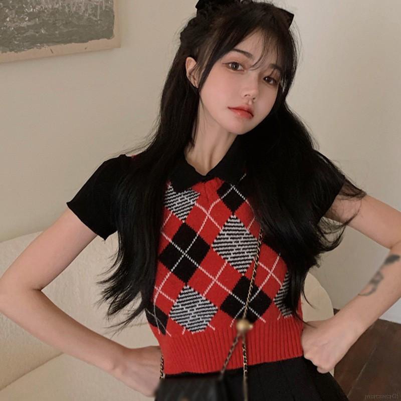 Áo Croptop Dệt Kim Không Tay Cổ Chữ V Họa Tiết Sọc Caro Màu Sắc Tương Phản Thời Trang Cho Nữ | BigBuy360 - bigbuy360.vn