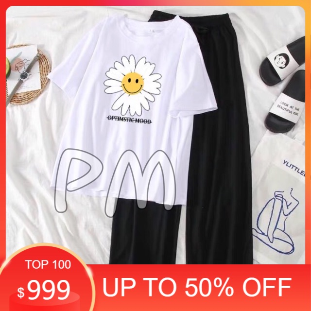 Sét áo hoa cúc mặt cười + quần ống rộng cạp cao , sét áo nam nữ,  sét bộ mặc ở nhà MODY