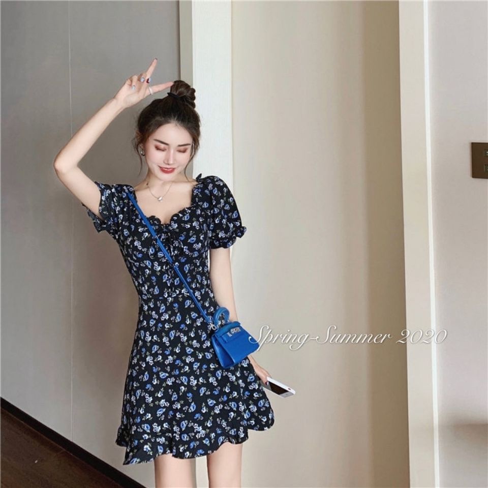 Đầm ngắn in hoa phong cách retro Pháp cho nữ