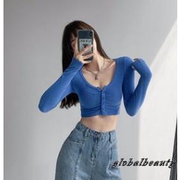 Áo Croptop Dệt Kim Tay Dài Cổ Chữ V Màu Sắc Thanh Lịch