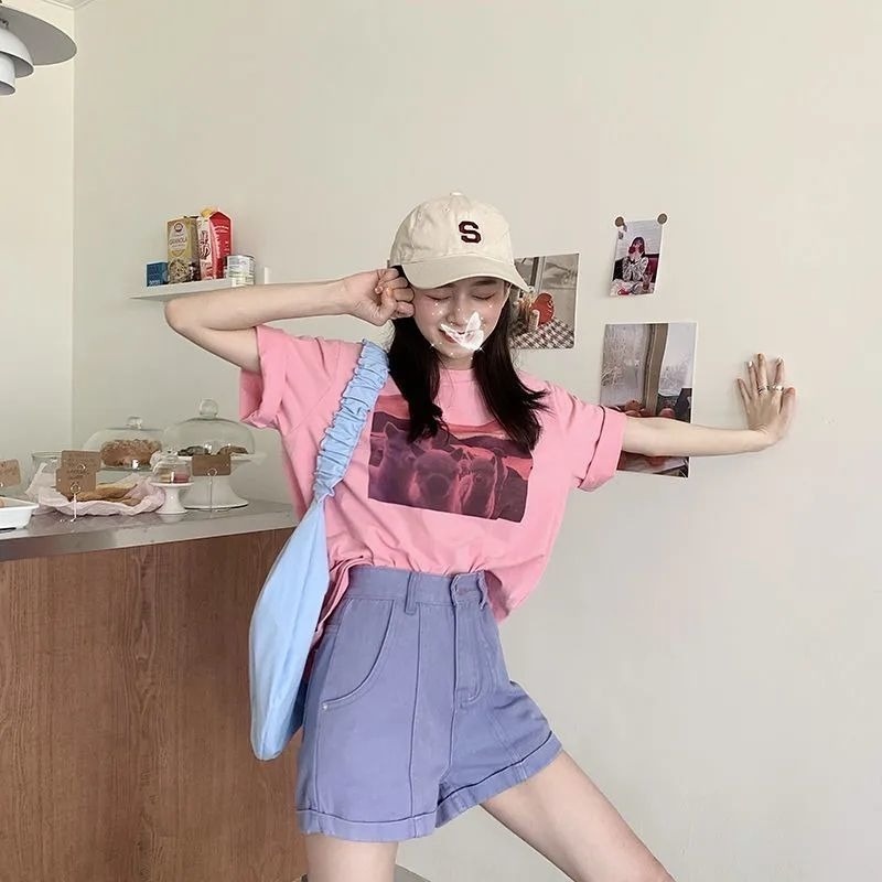 Quần short denim chữ A cạp cao thời trang mùa hè cho nữ