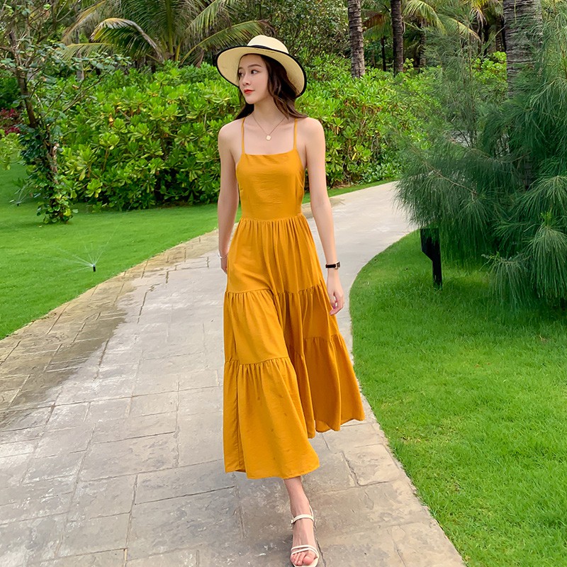 [Có Sẵn S, M] [Ảnh Thật] Váy Maxi vàng 2 dây đan lưng đi biển siêu hot | BigBuy360 - bigbuy360.vn