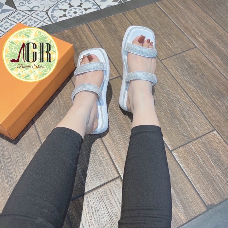 Dép xuồng 2 quai đá tròn viền đá siêu sáng cao 3cm