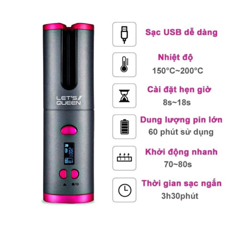 Máy làm tóc LET’S QUEEN, Máy uốn tóc tự quay Hàn Quốc chính hãng S100