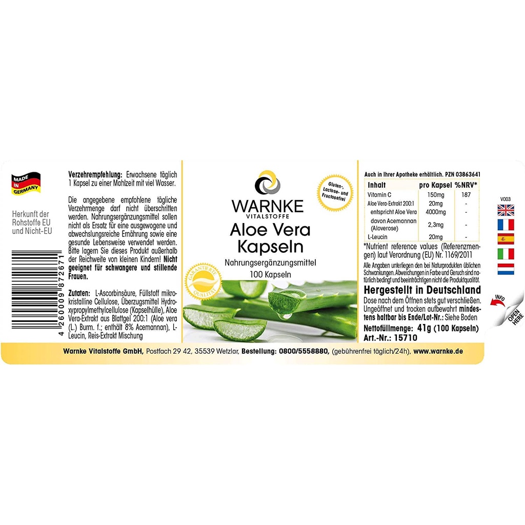 Viên uống cấp ẩm cho da Warnke Aloe Vera Kapseln chiết xuất từ lô hội 100 viên