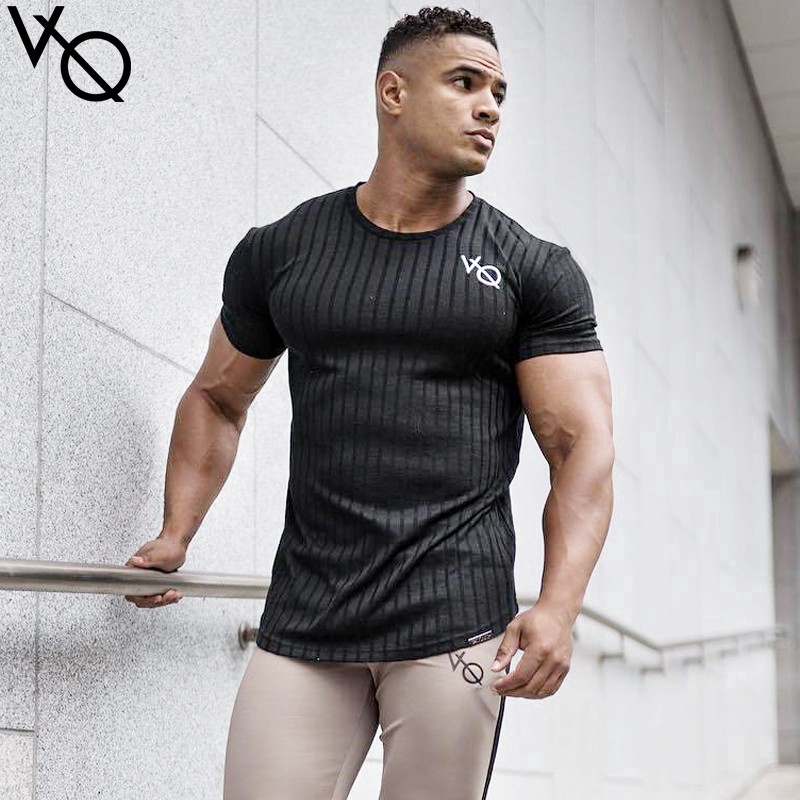 VQ Men's Cotton Sports Short-sleeved T-shirt Striped Breathable Jogging Fitness Shirt