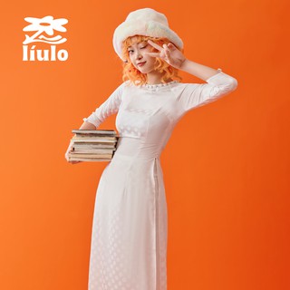 Áo dài học sinh nữ Chấm bi LÍU LO trắng - cổ tròn - nút bọc tay lửng cao cấp mát nhẹ co dãn năng động nhí nhảnh - thumbnail