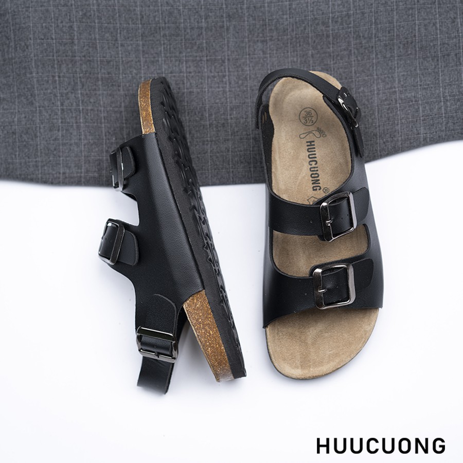 Giày Sandal Unisex HuuCuong 2 khóa đen đế trấu handmade