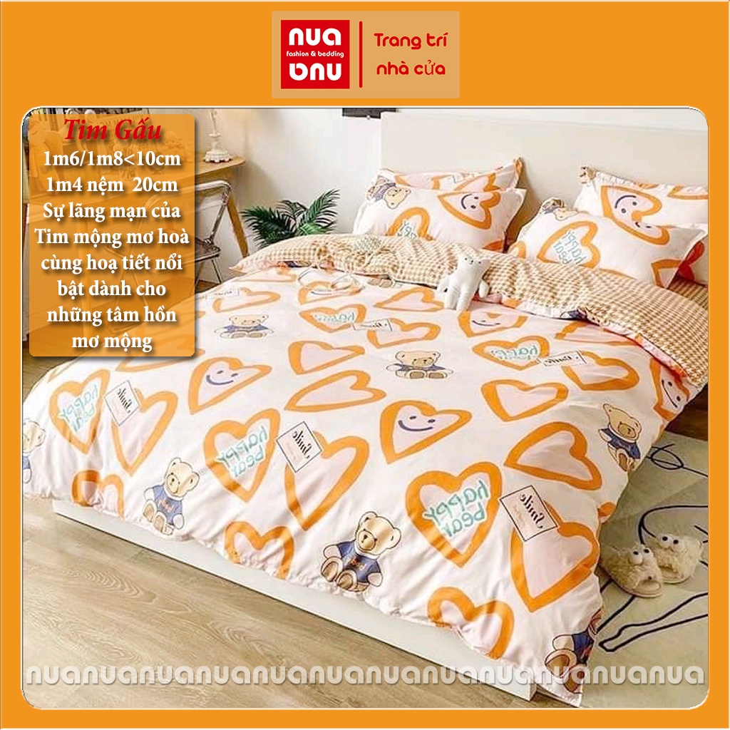 Bộ ga giường cotton poly vỏ chăn gối bọc đệm nệm lồng ruột chăn họa tiết trái tim tâm hồn mộng mơ trang trí giường ngủ