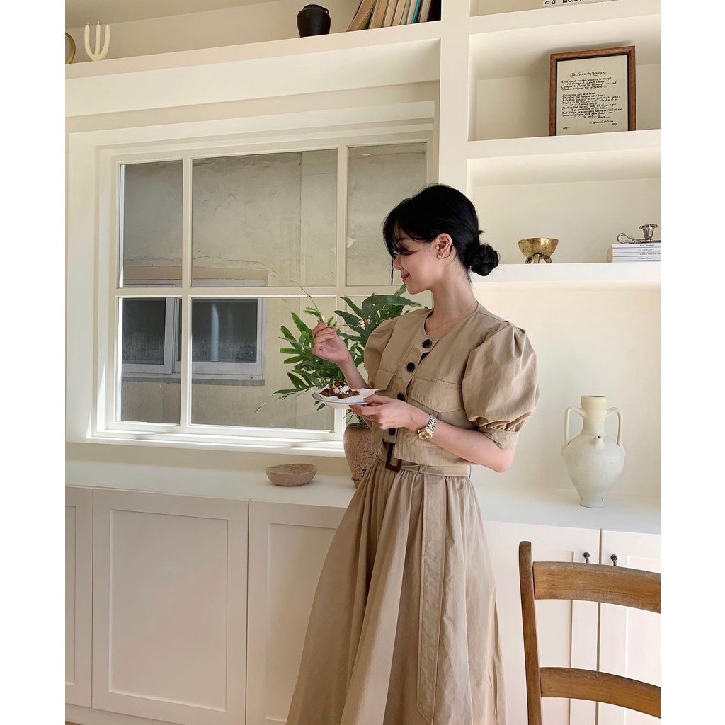 SÉT ÁO KÈM CHÂN VÁY CẠP CHUN 2 MÀU TRẮNG BE
