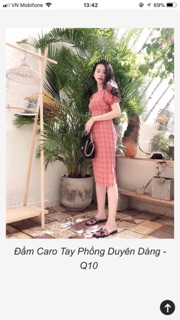 Đầm caro tay phồng