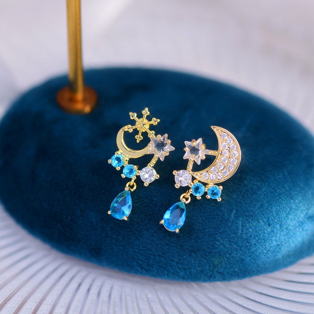 Bông Tai Bất Đối Xứng Hình Ngôi Sao Và Mặt Trăng Đính Đá Zircon Thời Trang Cho