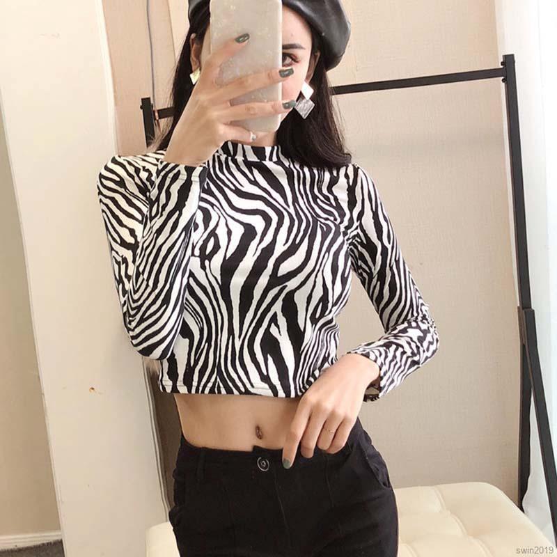 Áo Croptop Tay Dài Cổ Lọ In Họa Tiết Da Báo / Ngựa Vằn Cá Tính Cho Nữ | BigBuy360 - bigbuy360.vn