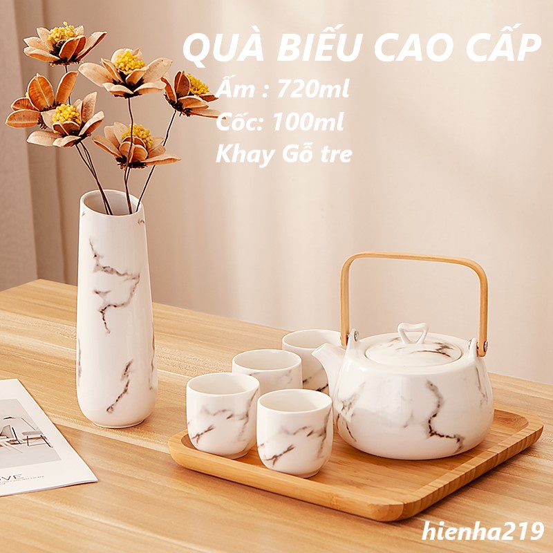 [CAO CẤP] Bộ ấm chén gốm sứ uống trà kèm khay phong cách Nhật Bản cẩm thạch Sang trọng