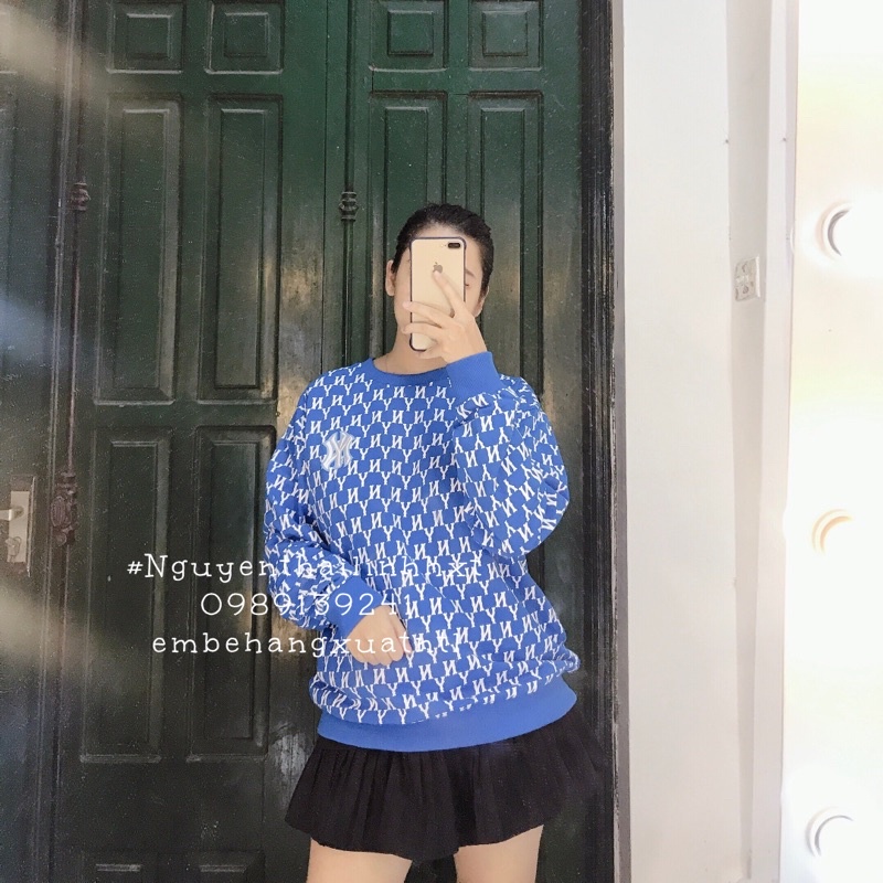 Áo thun nỉ sweater monogram NY MLB tay dài thun da cá | BigBuy360 - bigbuy360.vn