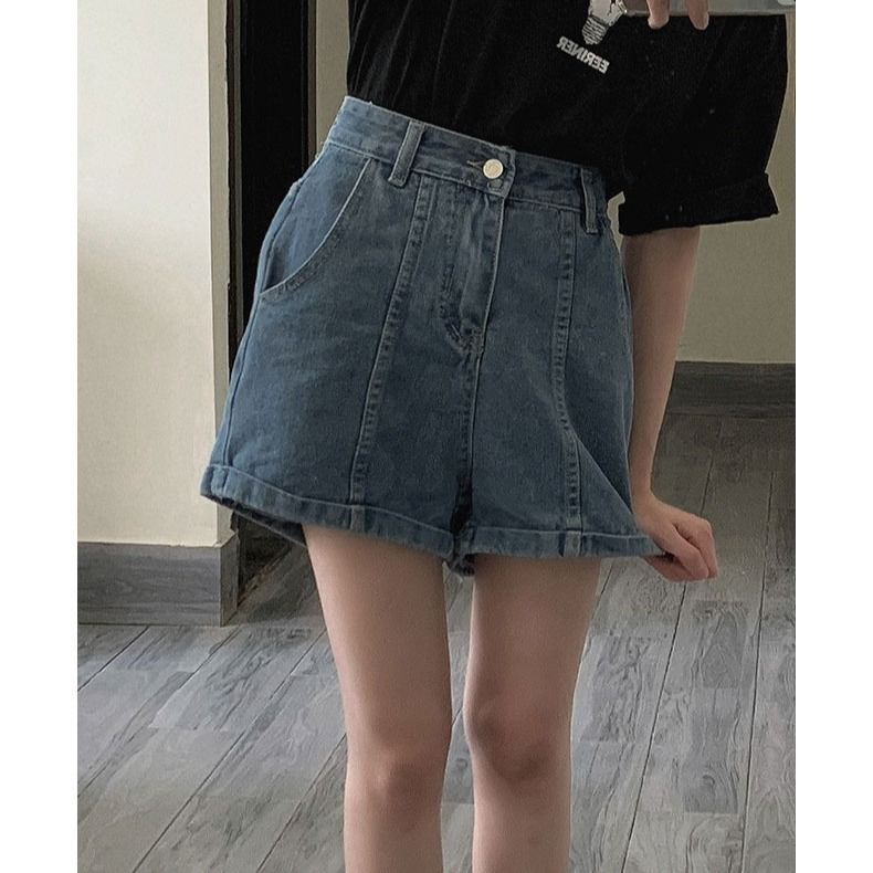 COZOK Quần Short Denim Ống Rộng Lưng Cao Phong Cách Hàn Quốc