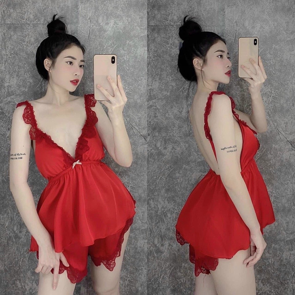 Đồ bộ đùi ngủ sexy hai dây phối ren satin cao cấp