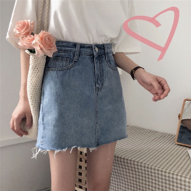 Chân Váy Denim Dáng Chữ A Lưng Cao Phong Cách Hàn Quốc Thời Trang Cho Nữ