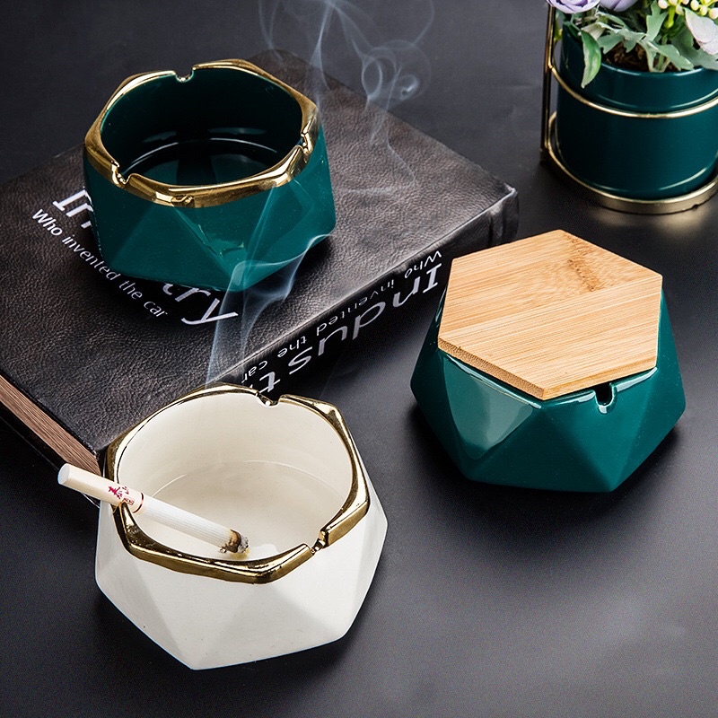Gạt tàn sứ cao cấp lục giác viền mầu vàng sang trọng Huydecor