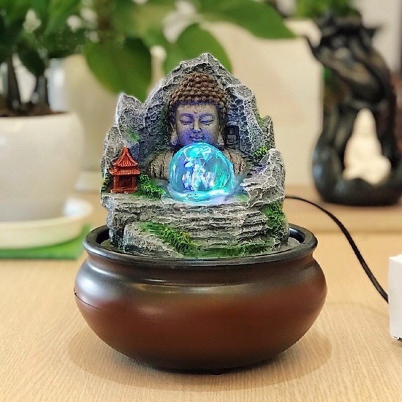 Thác nước để bàn trang trí, đài phun nước phong thuỷ đèn Led