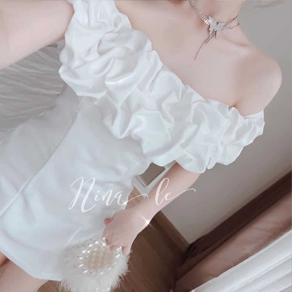 [8.8 Sales Freeship] Đầm trắng nữ đi tiệc, đầm trắng bèo nhún ngực trễ vai ôm body dáng ngắn quyến rũ, sang chảnh