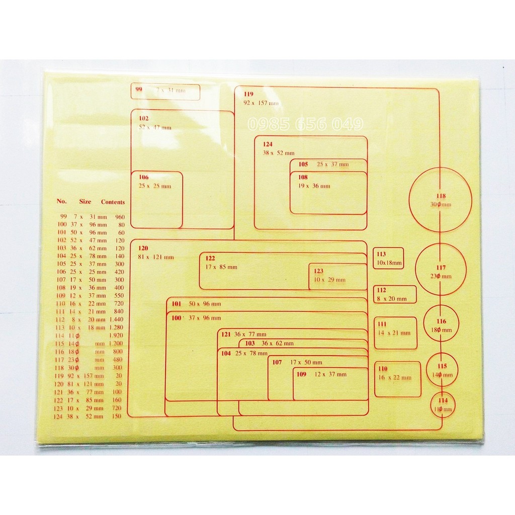 Nhãn Tomy  A5 đủ size No. 99 - No.115 Tomy Lable