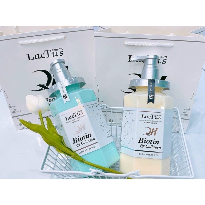 Cặp dầu gội xả LacTus season 650ml dầu gội đầu sạch gàu Lac Tus season QH Biotin Collagen phục hồi tóc hư tổn, dưỡng ẩm