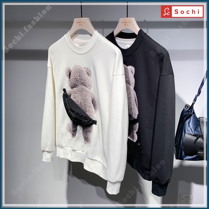 Áo nỉ sweater nam unisex, áo thu đông nỉ mềm mịn ôm người in Gấu Đeo Túi mã S.W605