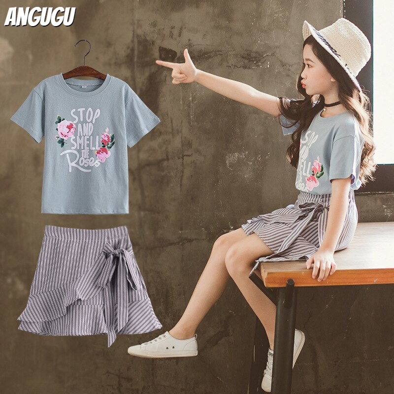 Bộ Áo Thun In Hoa + Chân Váy Cotton Thời Trang Hè 2022 Mới Cho Bé Gái 4-12 Tuổi