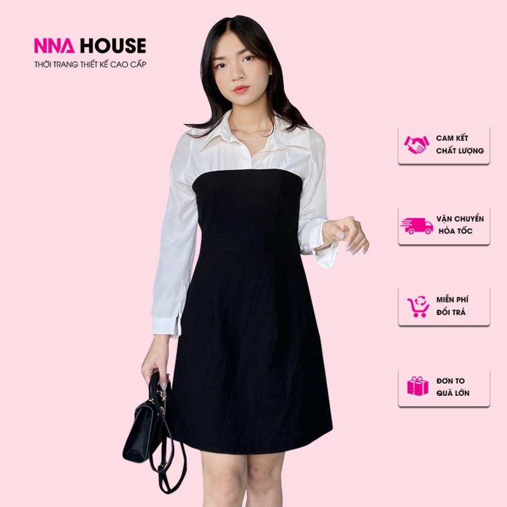 Váy đầm cổ sơ mi dài tay, đầm midi đen trắng - Váy nữ sinh đầm học sinh Polo cổ bẻ đi làm đi chơi NNAHOUSE Mã NA218
