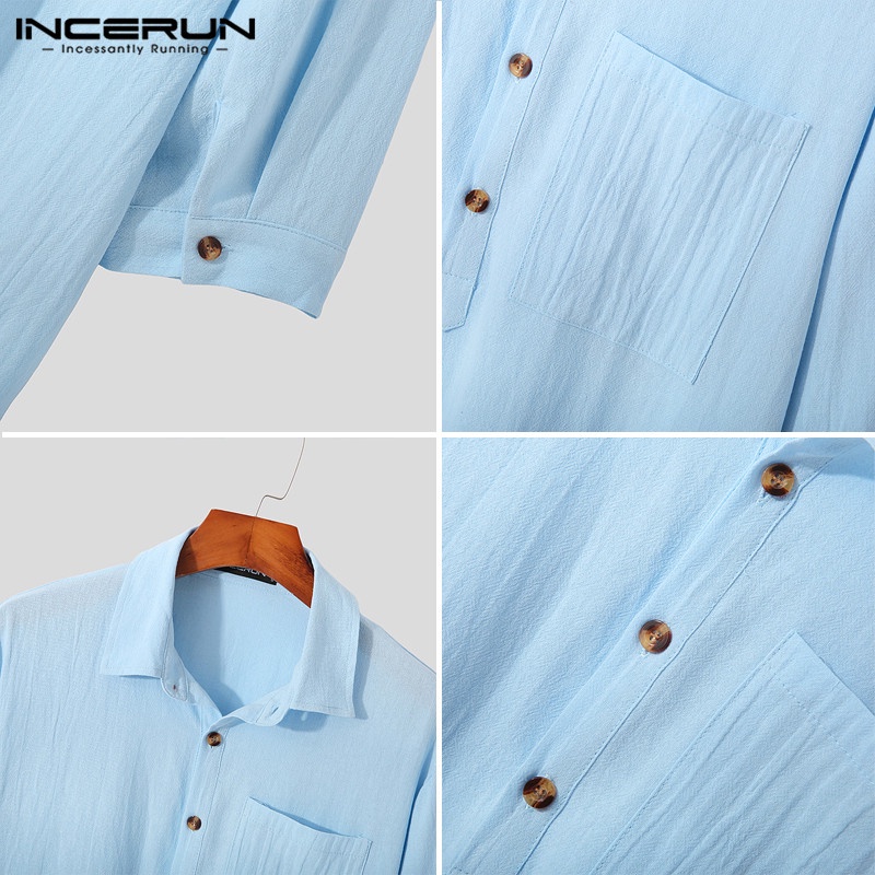 INCERUN Áo Sơ Mi 100% Cotton Tay 3 / 4 Thời Trang Mùa Hè Cho Nam Giới