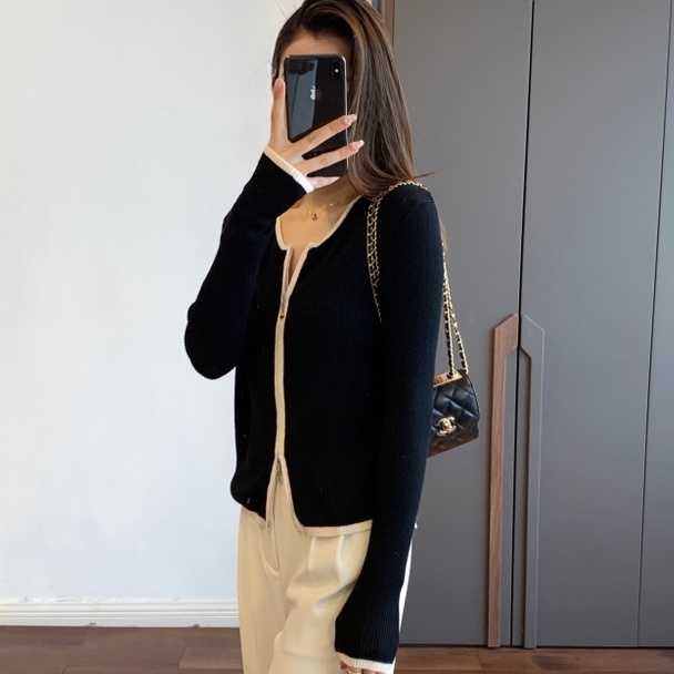 Áo Khoác Cardigan Dệt Kim Cổ Tròn Dáng Ôm Phối Khóa Kéo Đôi Thời Trang Mùa Thu Hàng Mới