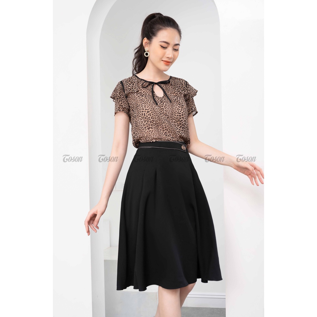 Áo chiffon da báo, cổ dây nơ nhỏ, tay cộc cách điệu bèo - TOSON - 11043H11