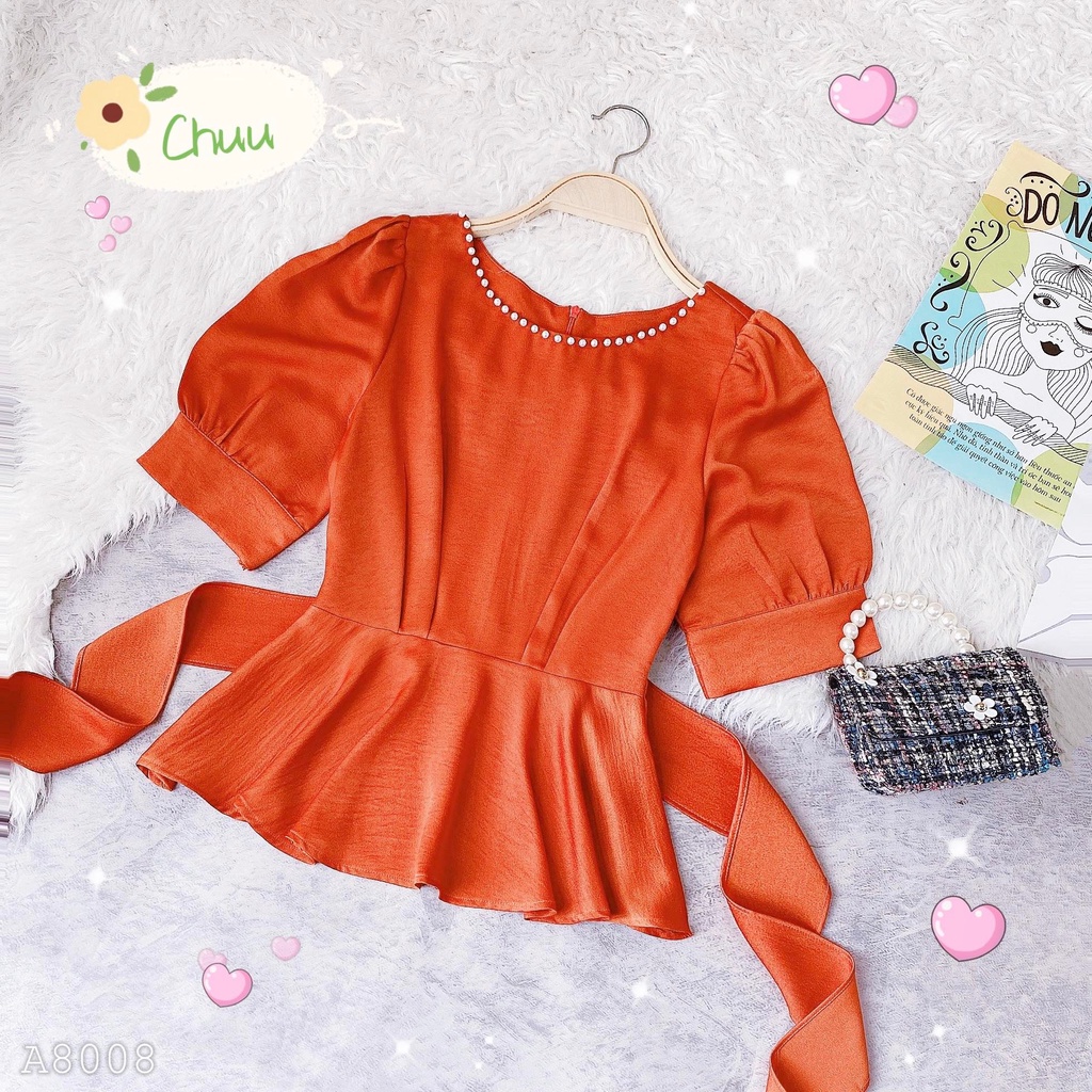 Áo Peplum cổ tròn đính ngọc kiểu eo cột nơ giấu bụng tay phồng CHUU A8008